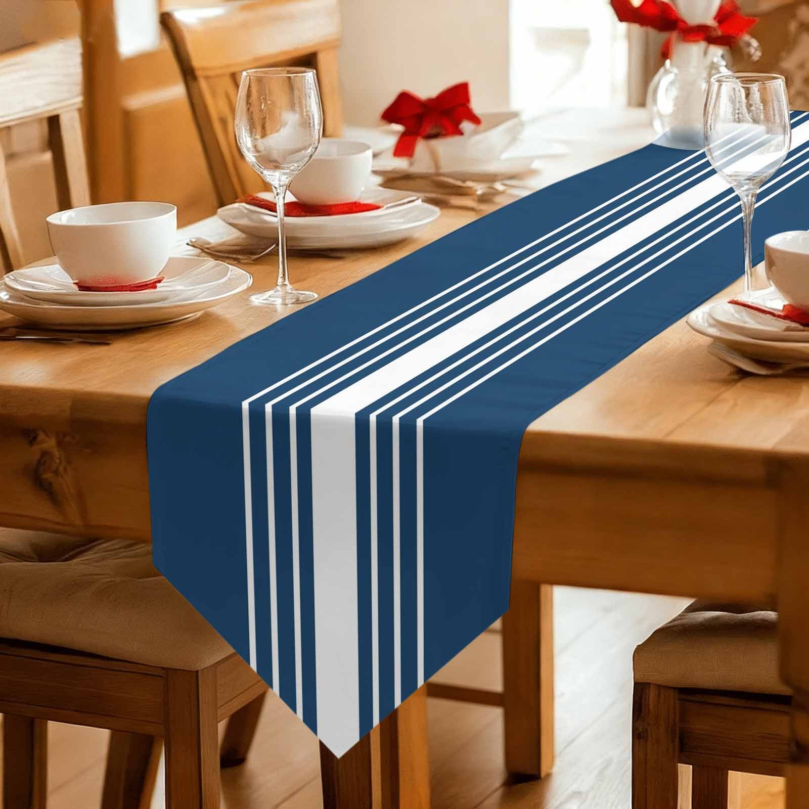 Navy Blue White Stripe Table Runner Linen Burlap Table Runner 90 Inches Long Modern Rustic Vertical Striped Dresser Scarves for Kitchen Island Coffee Dining Room Party Holiday Decoration 13"x90"