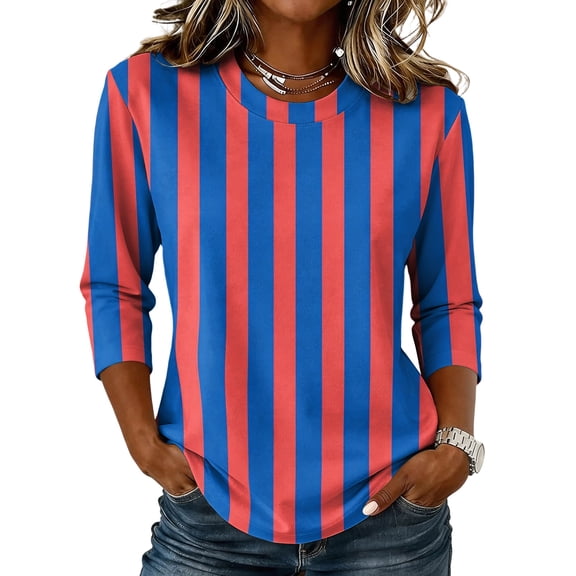 JULMCOMO Shirts for Women Vertical Striped 3/4 Sleeve Crew Neck Trendy Loose Fit T Shirts Color Block Comfy Summer Tops Pink S