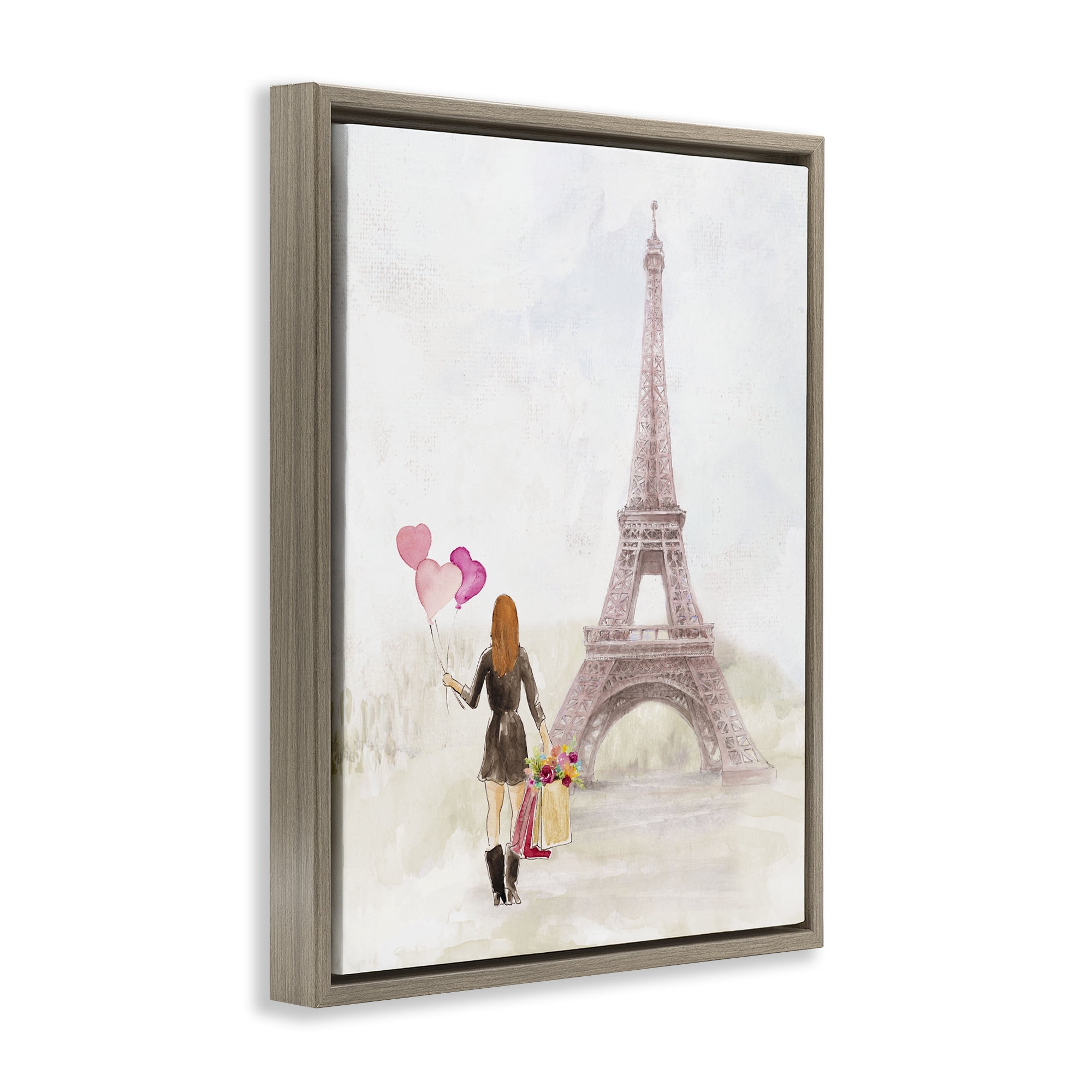 Stupell Industries Eiffel Tower & Heart Balloons Buildings & Architecture Painting Brown Floater Framed Canvas Art Print Wall Art, 17 x 21