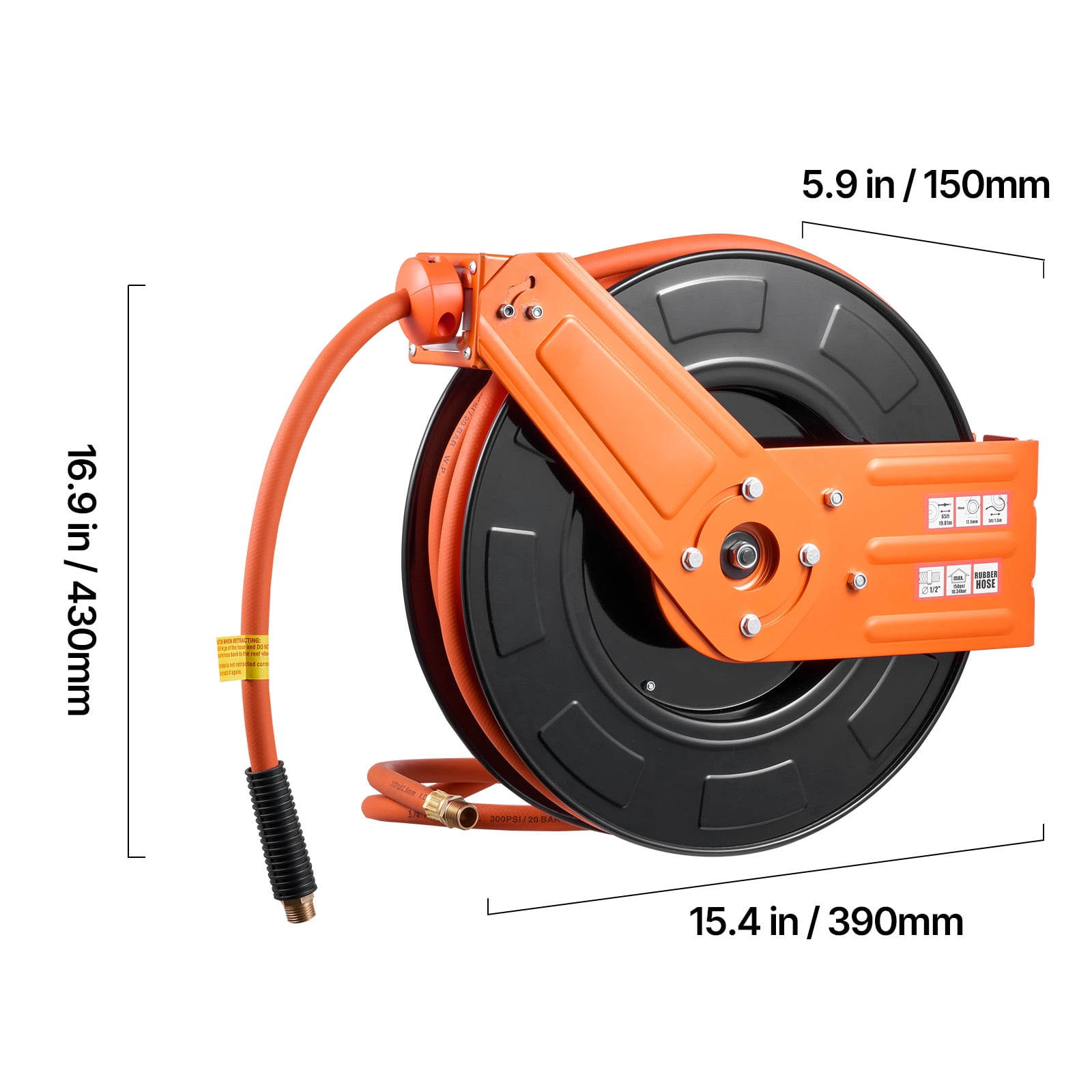 KFFKFF Retractable Air Hose Reel, 1/2 Inch x 50 FT Rubber Hose, 300 PSI Max, Auto Rewind with 5 ft Lead-In, Wall or Ceiling Mount for Garage and Workshop Use