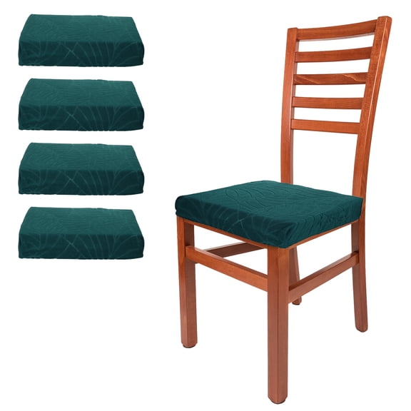 4Pack Stretch Seat Covers, Dining Room Chair Seat Slipcover, Leaves, Dark Green