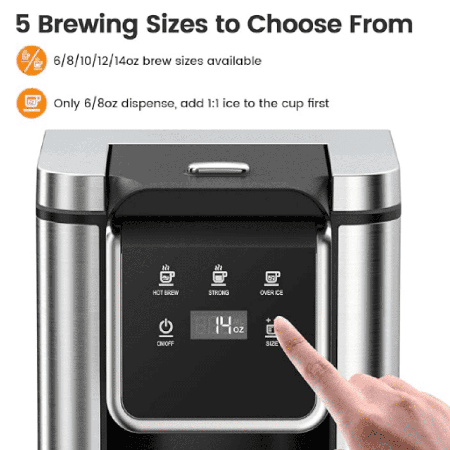 Single Serve Coffee Maker for  Pod and Grounds, Hot and Iced Coffee Maker, Strong Button Feature, 6 to 14oz Brew Sizes, 50oz Removable Reservoir, Up to 6.5 Inch Cup, Stainless Steel, Black