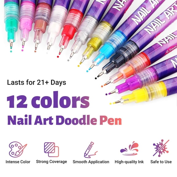 Nail Art Pens Set 12 Colors Nail Art Markers,2025 Nail Polish Pens Drawing Painting Pen for Home Salon,Quickly Dry Nail Art Nail DIY Decoration for Adult