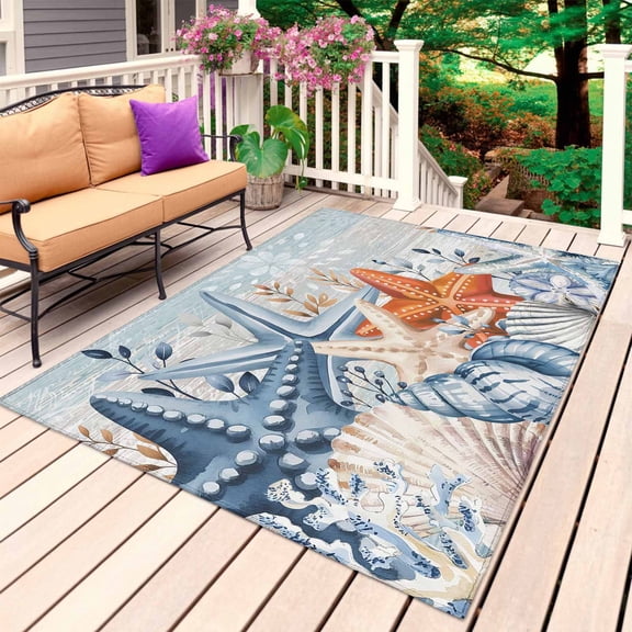 Orange Blue Starfish Coastal Outdoor Rug 4x6 Ft, Non Slip Washable Area Rug, Summer Beach Eucalyptus Vintage Patio Rugs Carpet Runner, Large Floor Mat for Indoor/Outdoor Deck Porch Camping