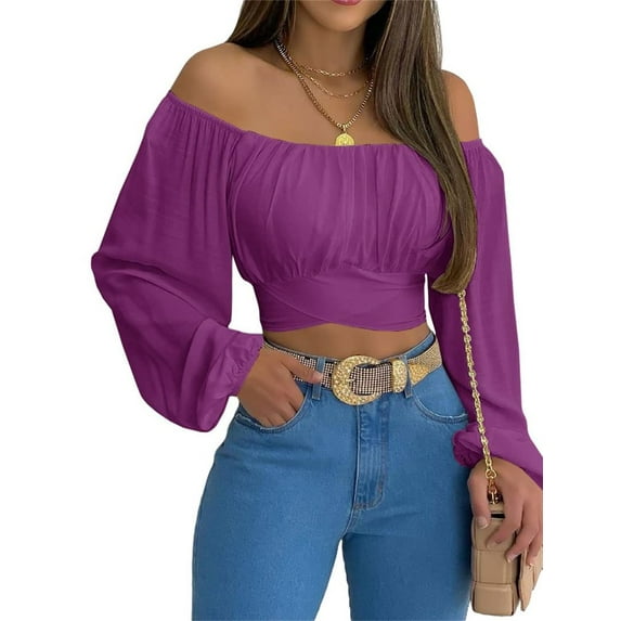 Solid Color Long Sleeved Women Off Shoulder Crop Tops Sexy Blouse