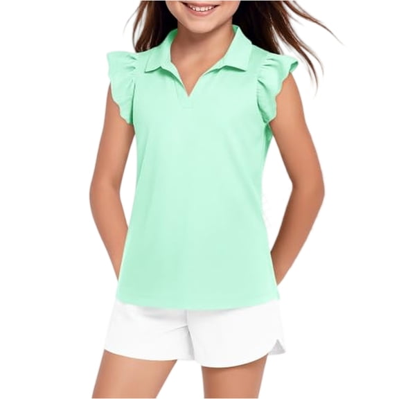 HAJWOH Girls Ruffle Sleeve Polo Shirt Kids Golf Tennis Shirts Tops School Uniform Mint Green 4-5 Years