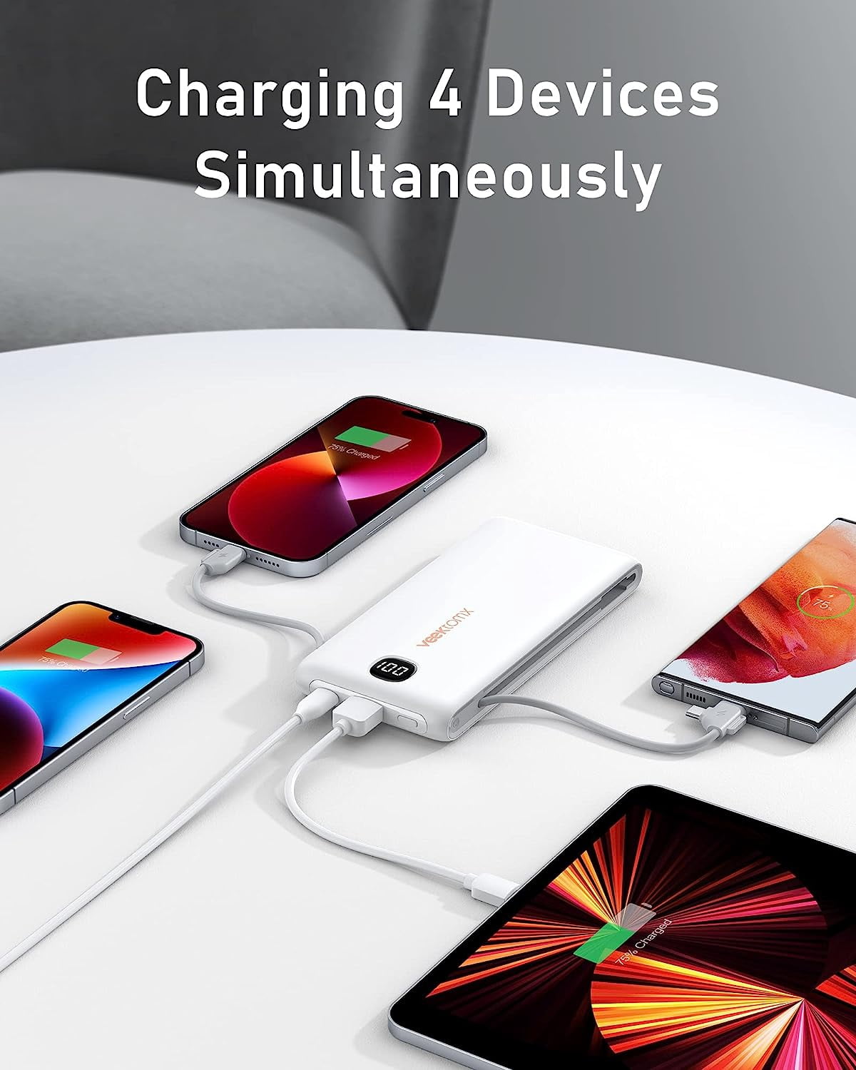 Portable Charger with Built in Cables 10000mAh Power Bank for iPhone AC Wall Plug Fast Charging USB C Slim Battery Pack LED Display Compatible 17/16/15 Samsung
