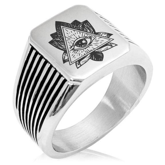 Stainless Steel All Seeing Eye Sacred Lotus Needle Stripe Pattern Biker Style Polished Ring