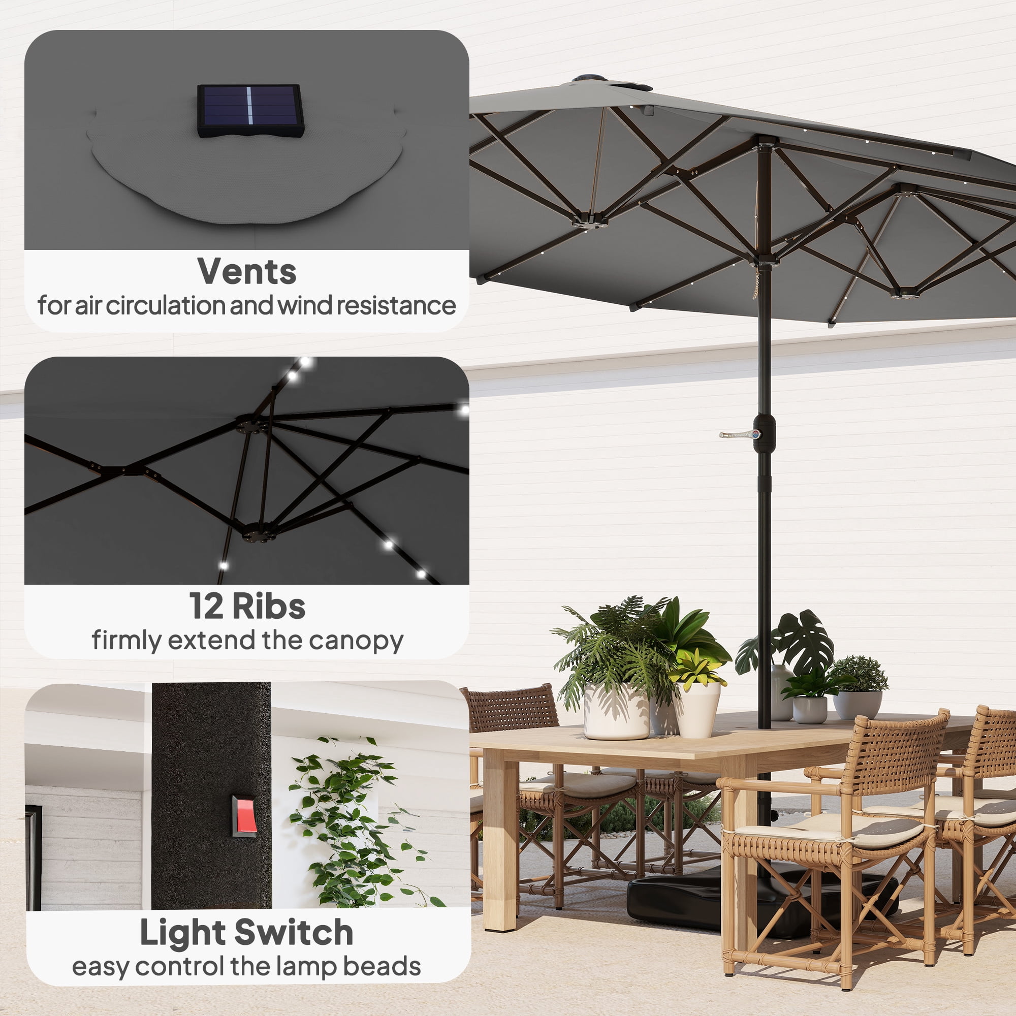 Outsunny Double-Sided Sun Umbrella, Outdoor Garden Parasol, Patio Sun Shade with LED Solar Light, Sand Base, Gray