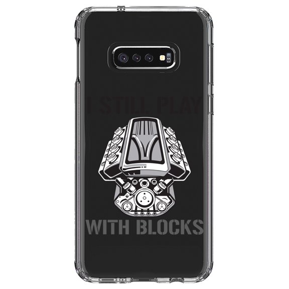 DistinctInk Clear Shockproof Hybrid Case for Samsung Galaxy S10e (5.8" Screen) - TPU Bumper Acrylic Back Tempered Glass Screen Protector - I Still Play with Blocks - Cars