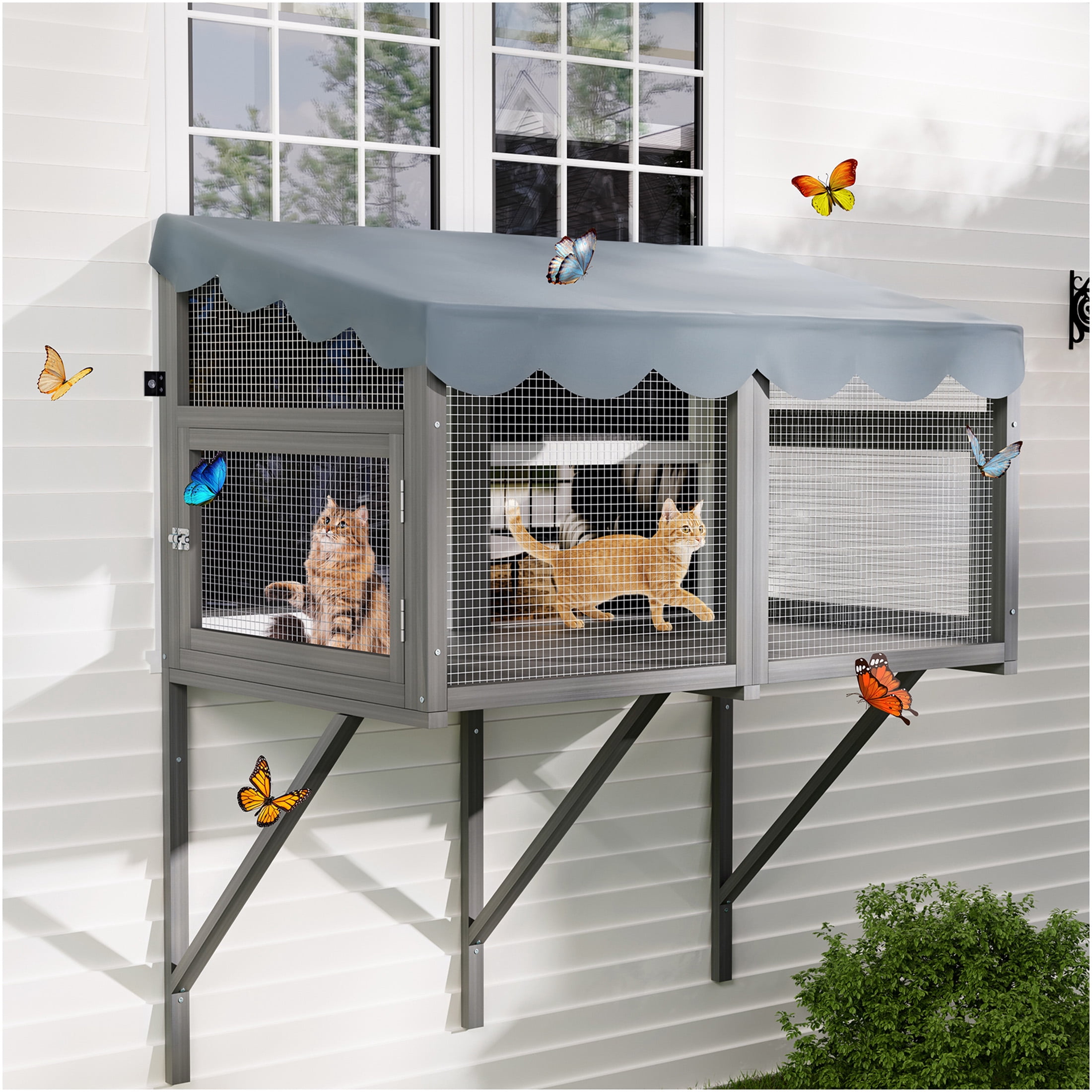 JERFIT Cat Window Enclosure Box, Gray Wooden Catio Perch for Indoor Cats, Expandable Outdoor Haven with Weather-Resistant Roof, Secure Wall Mount