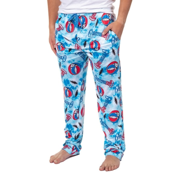 Grateful Dead Men's Steal Your Face Blue Tie Dye Adult Lounge Sleep Bottoms Pajama Pants