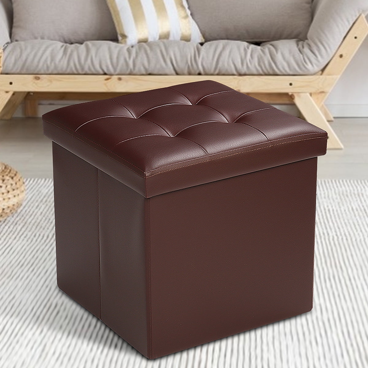 Square 15 Storage Ottoman Folding, Square Brown Leather Ottoman With Storage