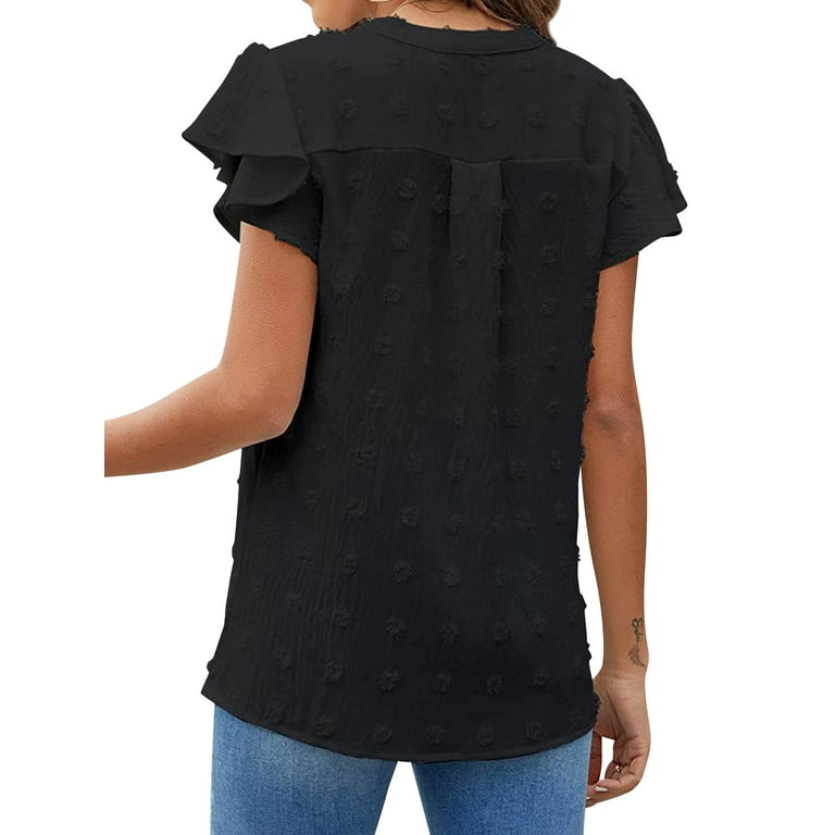 トップス S dot flow frill tops ZXSXSY Women Swiss Dot Ruffle Short Sleeve V Neck Solid