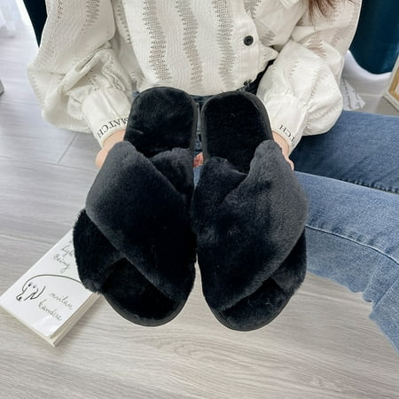 

BORKE Women’s Woolen slippers at home cross toe outer wear woolen slippers women s flat cotton towed warm women s shoes