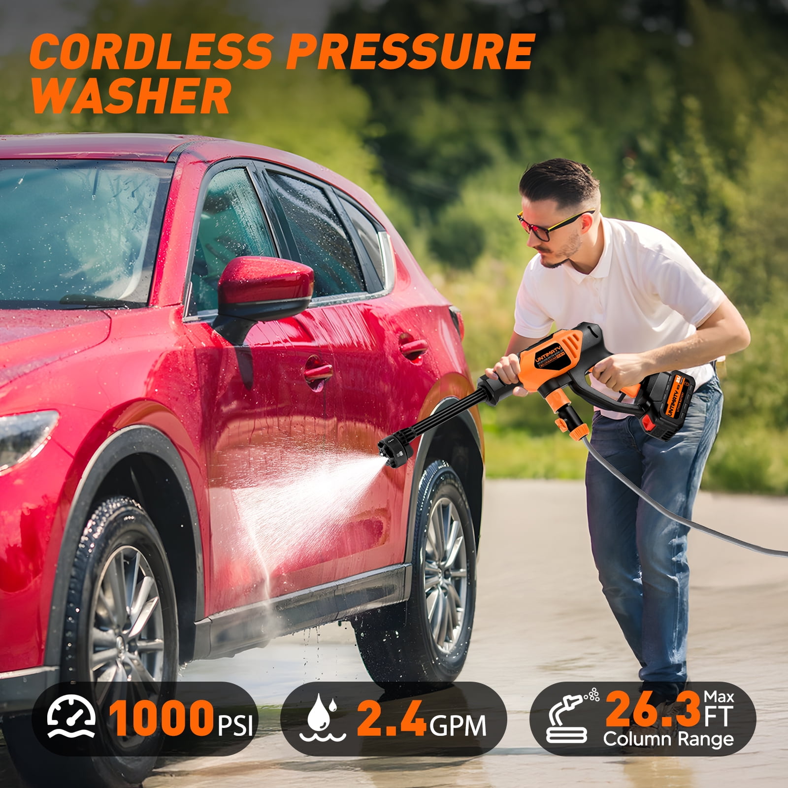 UNTIMATY Cordless Pressure Washer,1000PSI Cordless Power Washer with 6-in-1 Adjustable Nozzle,4.0Ah Battery Pressure Power Cleaner with 23ft Hose for Watering,Cleaning,Car Washing,Floor Washing