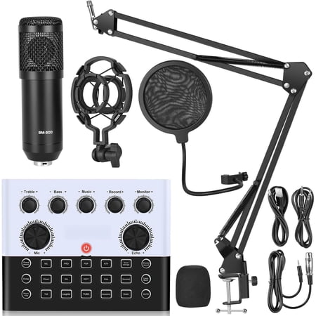 F993 -in- Podcast Equipment Bundle,BM-800 Recording Studio Package with Voice Changer, Live Sound Card - Audio Interface for Vlog/Live Streaming/Singing/YouTube/Gaming(White)