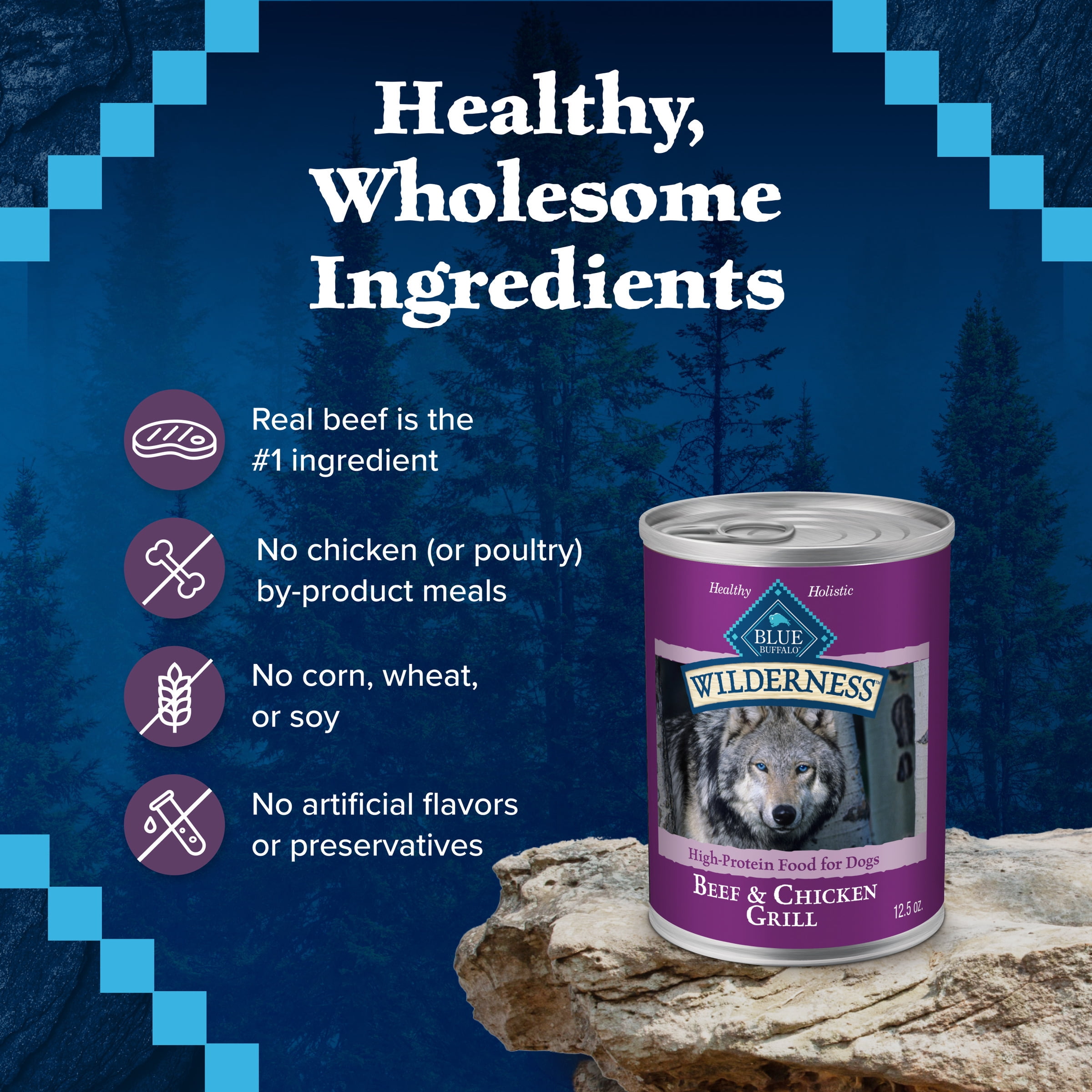 (12 pack) Blue Buffalo Wilderness High Protein Beef and Chicken Wet Dog Food for Adult Dogs, Grain-Free, 12.5 oz. Can
