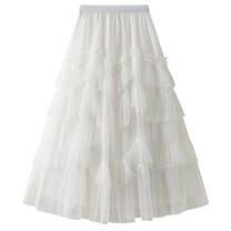 SWSMCLT Women's Long Tulle Skirt Spring Casual High Waisted Pleated Overlay Swing A Line Frilly Ruffle Hem Layered Tiered Tutu Skirt Soft Chiffon Mesh Summer White One Size