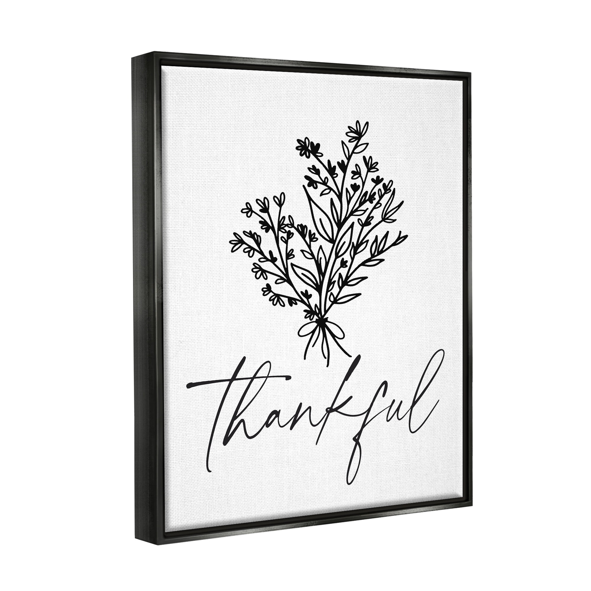Stupell Industries Thankful Script Delicate Botanical Blooms Petals Bouquet Graphic Art Luster Gray Floating Framed Canvas Print Wall Art, Design by Lettered and Lined