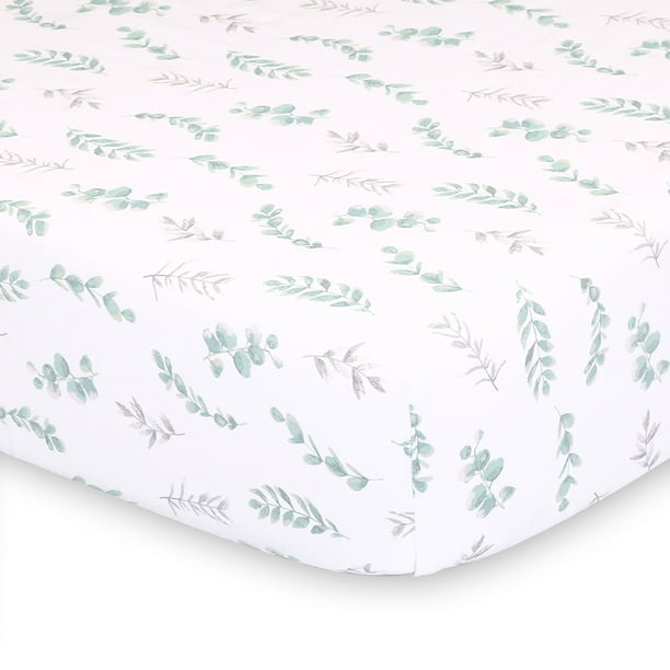 Sage Green and Grey Leaves Cotton Fitted Baby Crib Sheet Farmhouse