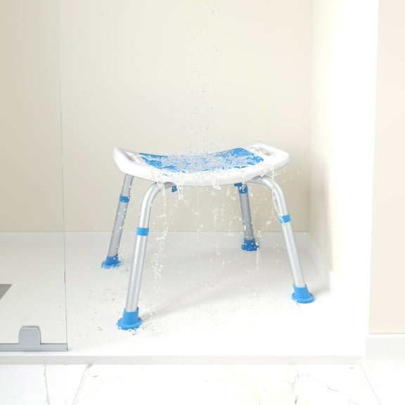 Emma   Oliver Shower Stool with 6 Adjustable Height Settings, Padded Seat and Non-Slip Feet - White/Blue