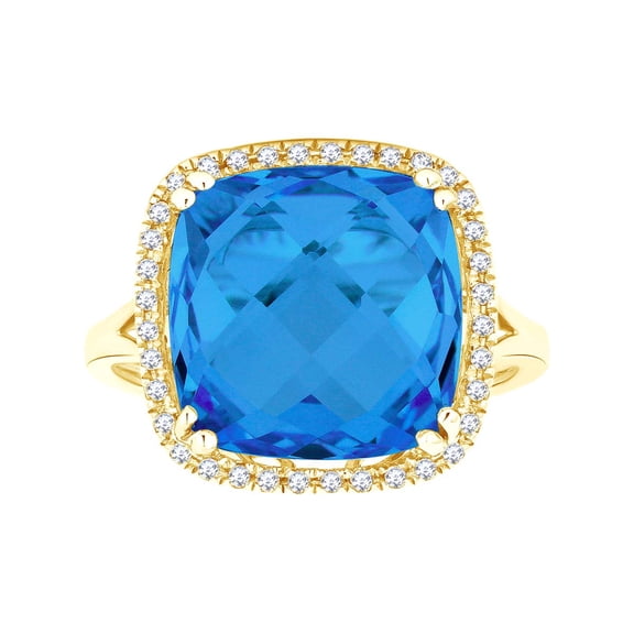 AFFY Simulated Blue Topaz & White Natural Diamond Cocktail Ring In 14k Solid Yellow Gold (9.49 cttw) Ring Size-12.5
