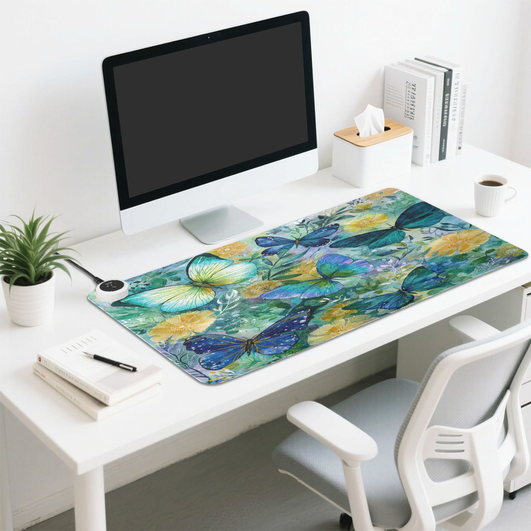 Wobogo Green Butterfly Heated Mouse Pad Extra-Large Desk Mat With 3 Heating Levels and 3-hour Auto Shut-Off Protection Ideal for Computer Keyboards Home Office Hand-warming Essential 31.5in × 13in