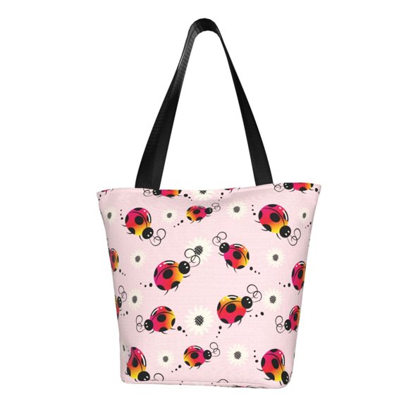 Fotbe Ladybugs And Flower Pattern Beach Tote,Shoulder Handbag,Spacious Tote Bag,Lightweight Travel Bag,Versatile Shopping Bag
