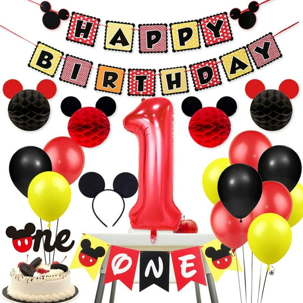 Ensemble de décoration pour 1er anniversaire sur le thème de Mickey Mouse -  Décoration de gâteau pour premier anniversaire avec un ballon pour garçon,  bandeau d'oreille Mickey, boules en nid d'abeille 