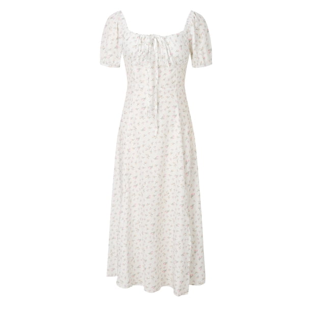 WILLBEST Vestidos con Curvas para Mujer, Vestidos Casuales de Verano para Mujer, de Manga Corta, con Cuello Cuadrado y Abertura Midi Grande