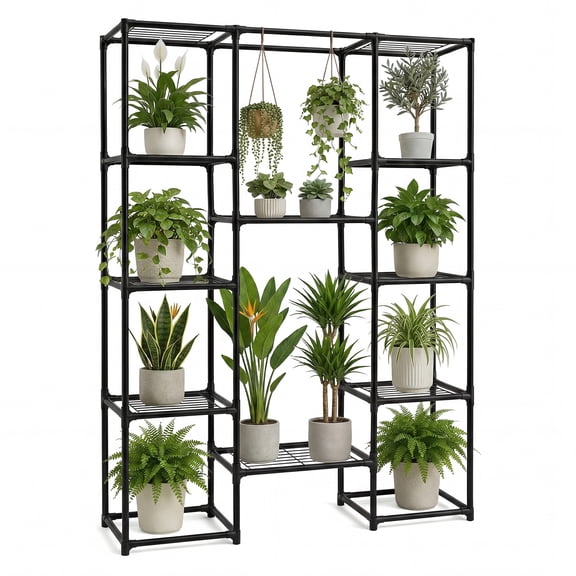 UNTIMATY 39" x 12" x 62" 7-Tier Black Metal Plant Stand Indoor Outdoor Plant Shelf with Hanging Space
