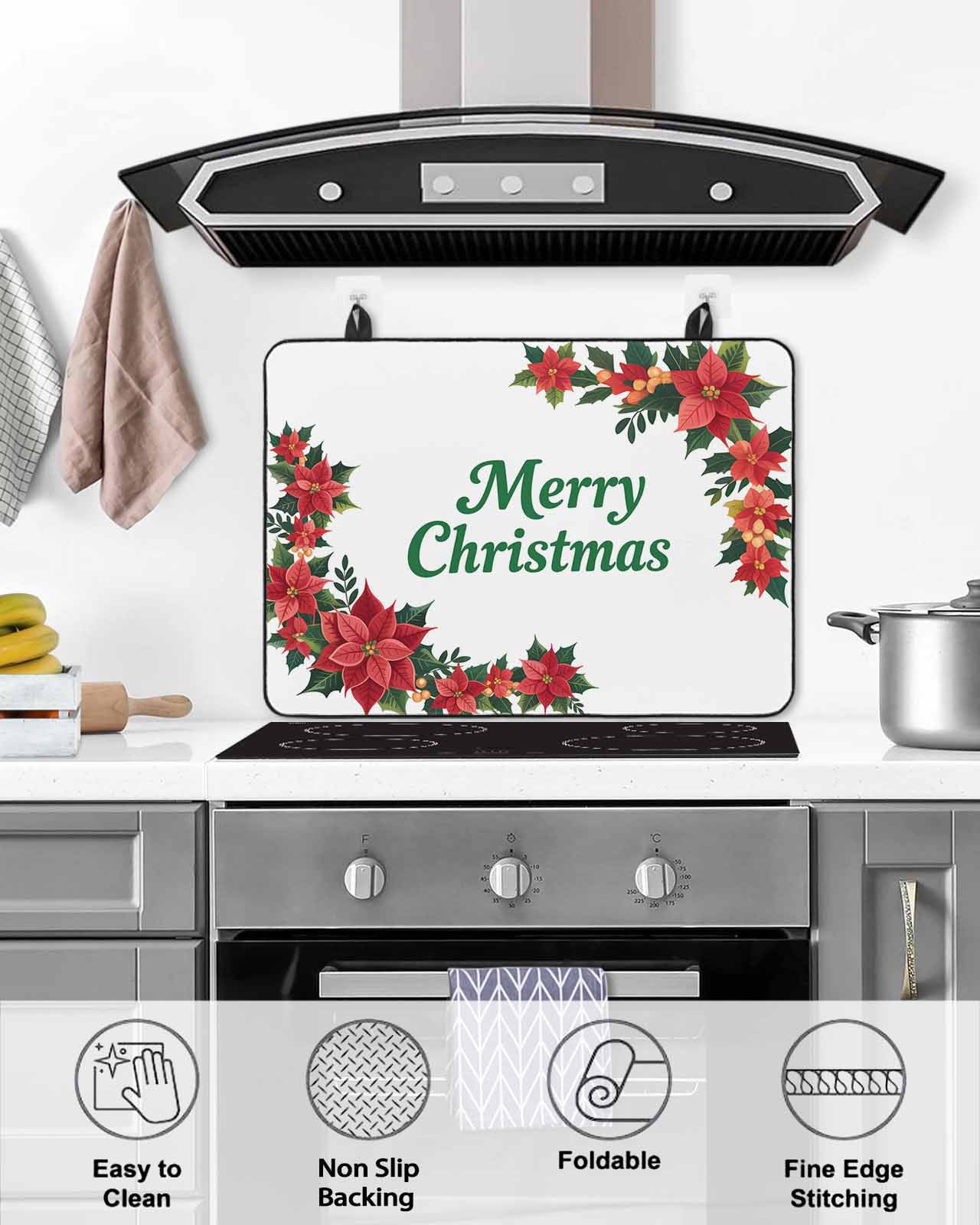 Large Induction Cooktop Protector Mat Christmas Poinsettia Stove Top Covers for Electric Stove, Farmhouse Red Flowers Floral Leaves Decorative Stove Burner Cover Mats, Glass Top Stove Cover