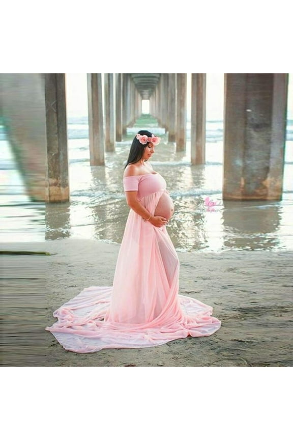 Maternity Chiffon Mermaid Gown Off Shoulder Dropped Sleeve Fitted Photo Shoot Photography Dress, Pink, XXL