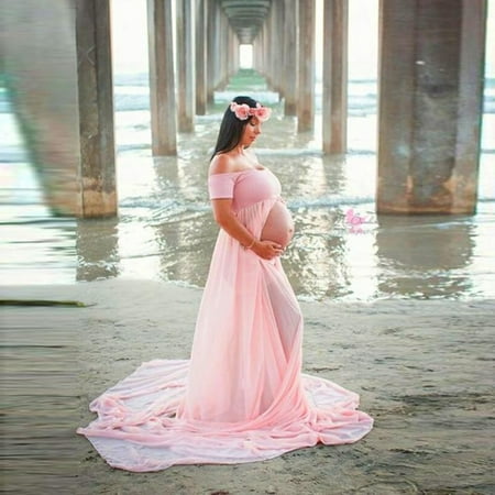 

Limei Maternity Chiffon Mermaid Gown Off Shoulder Dropped Sleeve Fitted Photo Shoot Photography Dress Pink XXL