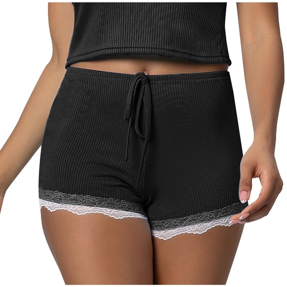 ZUKMRJPC Dressy Sleepwear Shorts for Women Sexy Lace Hem Patchwork Shorts Drawstring High Waisted Knitted Ribbed Pajama Shorts