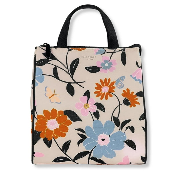 Kate Spade New York Bolsa de almuerzo portátil suave con forro interior aislado plateado y bolsillo de almacenamiento, jardín floral