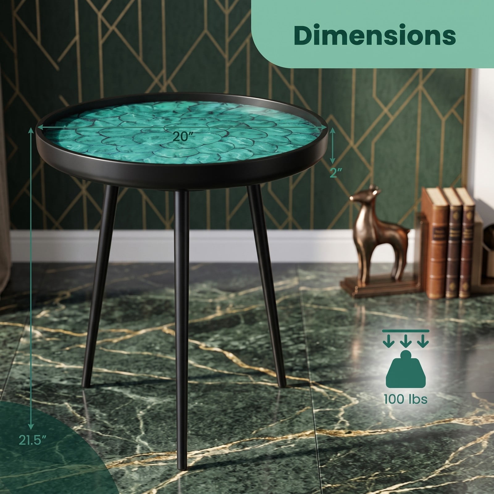 Furnibear 20 Inch Mid-Century Modern End Table, Handmade Sea Shell Side Table with Waterproof Epoxy Resin Tray Top and Solid Mahogany Legs for Living Room, Green