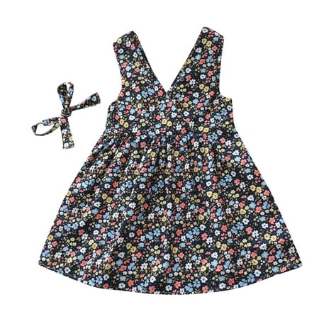 

CLZOUD Girls Casual Dresses Black Cotton Blend Toddler Kids Baby Girls Summer Vacation Clothes 1-7Y V Neck Sleeveless Bowknot Floral Print Party Princess Dress 120