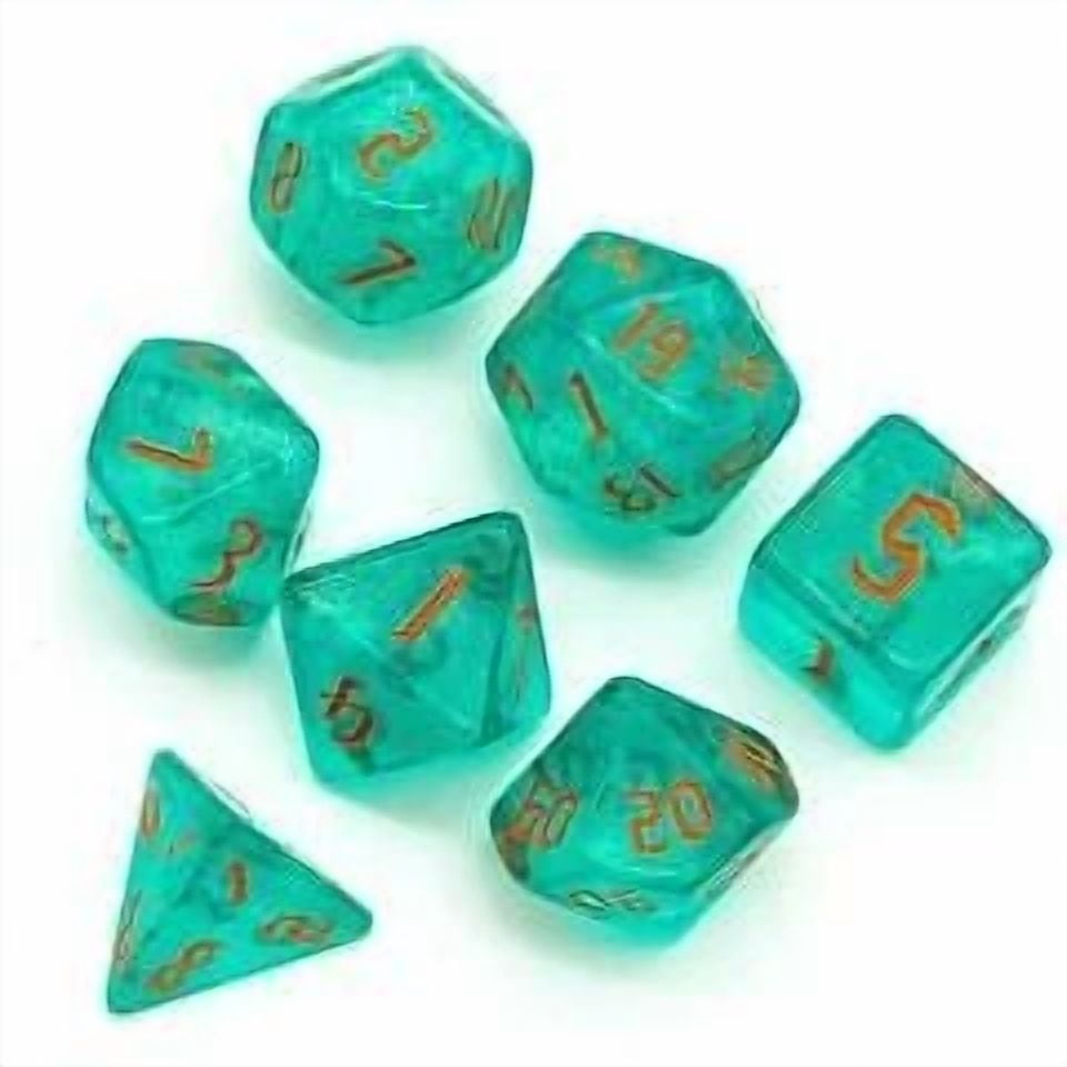 PRIME- Blue/Teal Glitter Party Dice (Red/Orange Font) 7-Dice Set Rpg Dnd