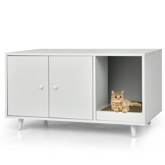 Costway Recinto Arenero Escondido para Gatos Mesita Decorativa con Doble Puerta para Gatitos Nuez 90 x 50 x 50 cm