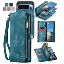 Dteck Wallet Case for Google Pixel 9 Pro / 9, Zipper Purse Folio Leather Wallet with Card Holder Wrist Strap Detachable Magnetic Shockproof Protective Back Case for Google Pixel 9 Pro / 9 5G, Green