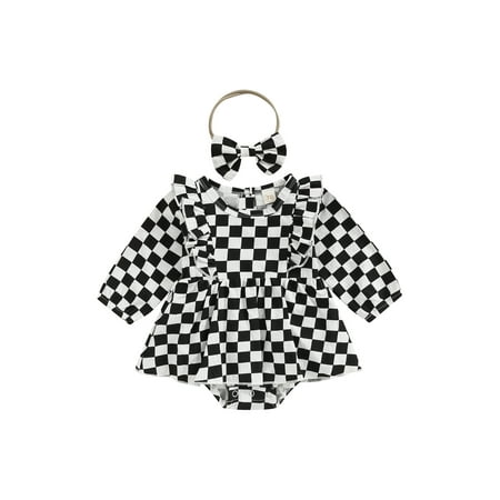

Calsunbaby 2Pcs Toddler Baby Girls Casual Romper Dress Plaid Printed Long Sleeve Round Neck Ruffle Bodysuit + Headband Black 18-24 Months