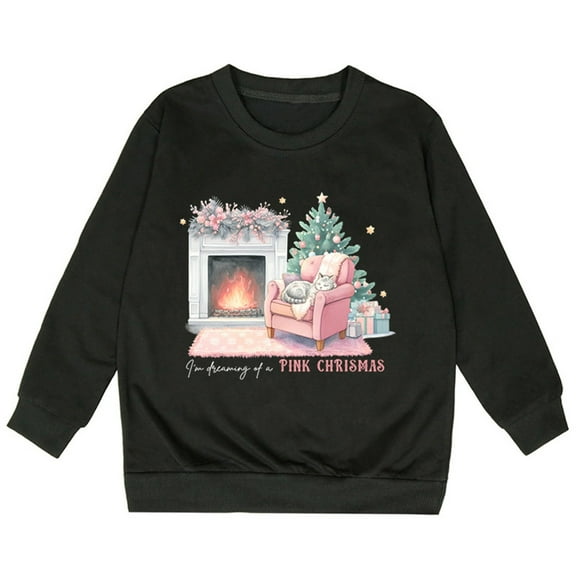 Generic Children's Clothes Girls' Middle And Small Fall And Winter Long Sleeve Christmas Cat Christmas TreeI'm Dreaming Of A Chirismas Printed Casual Loose Sweater(3-4 Years,Black)