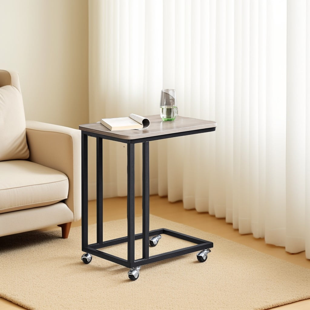 LEDREM C-Shaped End Table with Wheels, Industrial Rolling Side Table for Sofa & Bed, 23.6 Inch Mobile TV Tray, Greige & Black