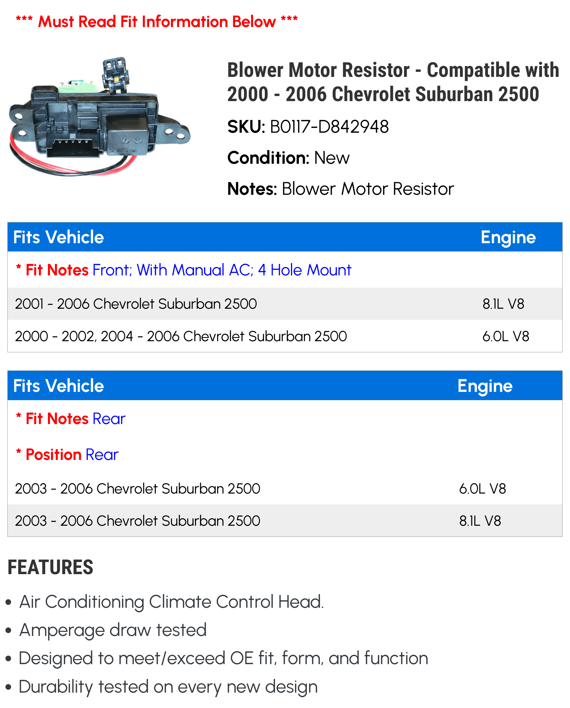 Blower Motor Resistor - Compatible with 2000 - 2006 Chevy Suburban 2500 2001 2002 2003 2004 2005