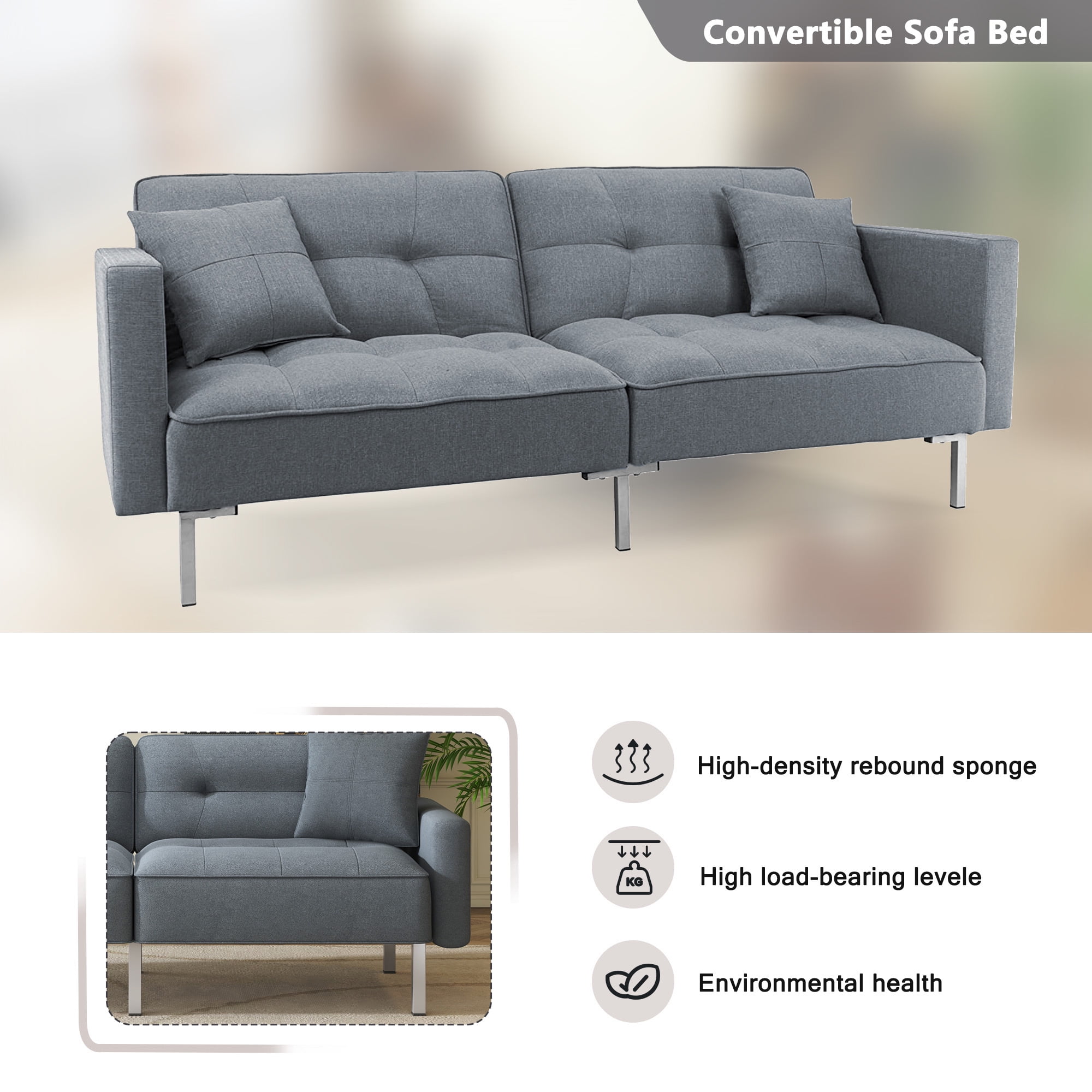 Aukfa 76" Futon Convertible Sofa Bed, Arm Couch for Home Office, 2 Pillows, Linen, Gray