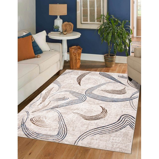 ECARPET Wisp contemporary area rug featuring abstract blue and brown curved lines on a light beige background, displayed in a modern living room with neutral furniture and wooden flooring.