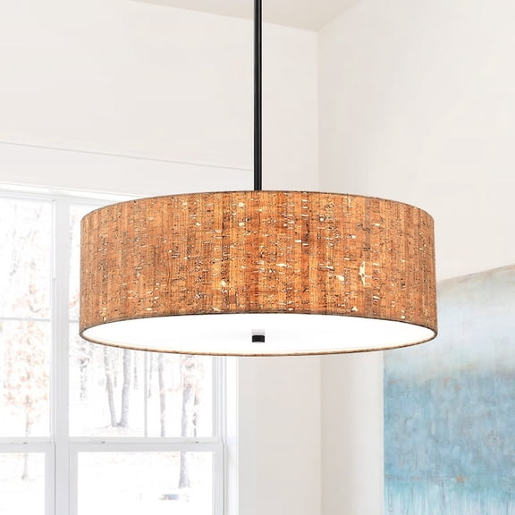 Open Box 22 in. 4-Light Drum Chandelier Pendant with Black Canopy and Wood Pattern Shade
