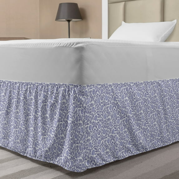 Floral Bed Skirt, Japanese Traditional Bluebells with Curved Flourishing Spring Branches, Elastic Bedskirt Dust Ruffle Wrap Around for Bedding Decor, 4 Sizes, Dark Blue Muave White, by Ambesonne